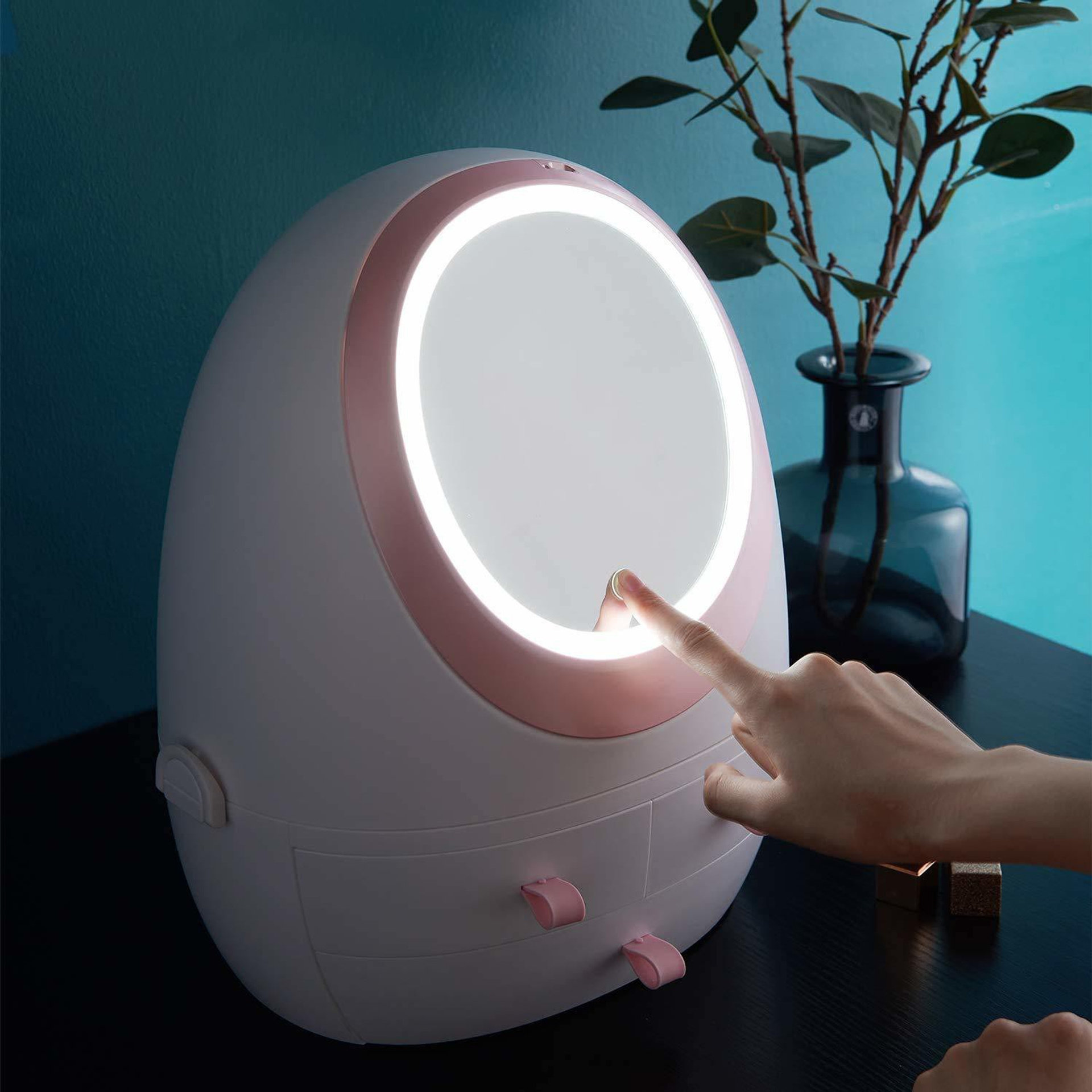 صندوق تخزين مستحضرات التجميل مع مرآة LED